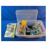 Bin of Assorted Hardware, Nuts, Bolts Hinges Etc. and Pack of 65 Watt Bulbs
