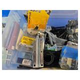 Bin of Assorted Hardware, Nuts, Bolts Hinges Etc. and Pack of 65 Watt Bulbs