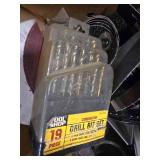 Box of misc Tools/ Drill bits/ saw