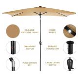 Sun-Ray Rectangular Patio Umbrella 6.6ft by 10ft with 22 Solar Powered LED Lights, Push-Button Tilt and Hand Crank Lift, Solar Umbrella with Solution Dyed Taupe Fabric for Porch, Deck, and Patio