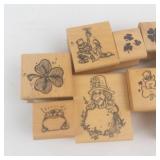 Rubber Stamp Set - Wooden Irish Themed Shamrocks Leprechaun & Pots of Gold