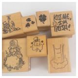 Rubber Stamp Set - Wooden Irish Themed Shamrocks Leprechaun & Pots of Gold