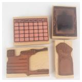 Wooden Rubber Stamp Set - Calendar Grid, Postcard, Frame Border, Gift Bag Designs