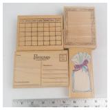 Wooden Rubber Stamp Set - Calendar Grid, Postcard, Frame Border, Gift Bag Designs