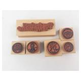 Set of 6 Vintage Wooden Rubber Stamps - Coin Portraits & Your business is appreciated Stamp