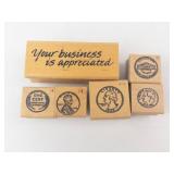 Set of 6 Vintage Wooden Rubber Stamps - Coin Portraits & Your business is appreciated Stamp