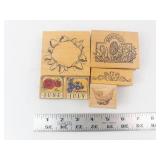 Vintage Rubber Stamp Set - 6 Wood-Mounted Floral & Bird Stamps (June, July)