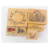 Vintage Rubber Stamp Set - 6 Wood-Mounted Floral & Bird Stamps (June, July)