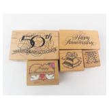Rubber Stamp Set on Wood Blocks - 60th Wedding Anniversary & Happy Anniversary, 6-Piece