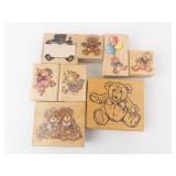 Bear-Themed Wooden Rubber Stamp Block Set - Assorted Teddy and Halloween Designs