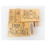 Vintage Rubber Stamp Set - Interior Scene Designs on Wood Blocks (Kitchen & Living Room)