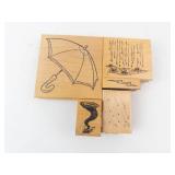 Umbrella Rubber Stamp Set on Wood Blocks - Pattern & Rain Motifs