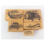 Vehicle Rubber Stamp Set on Wood Blocks - Cars, Truck, Airplane, Police Car