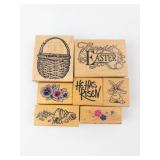 Wood Block Rubber Stamp Set - Basket, Easter, Bunny, Hibiscus & Flowers