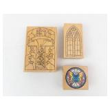 Rubber Stamp Blocks Set - Gothic Window Arch, Cross/Vine Panel, Butterfly Round