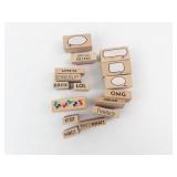 Rubber Stamp Set on Wood Blocks - Pink Rubber, Speech Bubbles & Word Phrases
