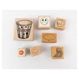 Wooden Rubber Stamp Set - Assorted Food & Emoji Designs on Blocks