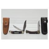 2 Old Vintage SCHRADE Larger Size Folding Knives w/Leather Cases