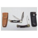 2 Old Vintage SCHRADE Larger Size Folding Knives w/Leather Cases