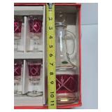 New in Box Vintage Italian Cranberry Glass Decanter Set w/Glasses