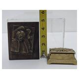 Signed Vintage Deco Brass Small Sculpture & Old Art Nouveau Brass Ring or Pill Box