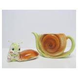 Very Cute Vintage Mid Century Art Pottery Enesco Happy Snail Teapot & Crea/Sugar Set