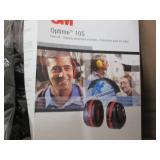 Box of protective gloves, ear muffs...