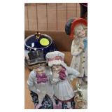 Coral Blue Tea Set and Porcelain Figurines