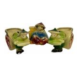 B2 - Shawnee Rickshaw Planter Set of 3 - Asian Themed Man Pulling Cart, Vintage 1940s