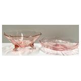 B4 - Vintage Lancaster Glass Jubilee Pink Cracker Plate & Rose Beadless Bowl 8.5in