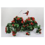 Pair of Red Geranium Plant in Wicker Basket with Cardinal Bird Figurine 9.5"L