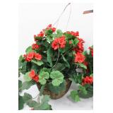 Pair of Red Geranium Plant in Wicker Basket with Cardinal Bird Figurine 9.5"L