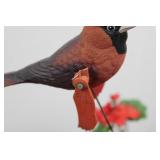 Pair of Red Geranium Plant in Wicker Basket with Cardinal Bird Figurine 9.5"L