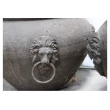 Pair of Antique Cast Stone Planters with Lion Head Ring Handles 13" x 14"