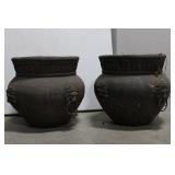 Pair of Antique Cast Stone Planters with Lion Head Ring Handles 13" x 14"