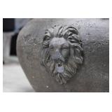 Pair of Antique Cast Stone Planters with Lion Head Ring Handles 13" x 14"