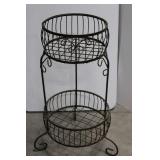 Plant Stand - Vintage Wrought Iron 2-Tier with Circular Wire Baskets 34"tall