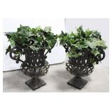 Iron Cast Garden Urns - Lattice Pattern, Pair with Removable Ivy Leaves 17" x 16"