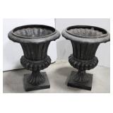 Pair of Black Resin Urn Planters with Fluted Sides and Square Pedestals 20.5" x 16"