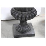 Pair of Black Resin Urn Planters with Fluted Sides and Square Pedestals 20.5" x 16"