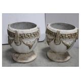 Pair of Greek-Key Urn Planters with Grapevine Relief Concrete 16" x 14"