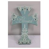 Blessed Cross Wall Hanging - Blue Wood Decor with White Scrollwork 16"