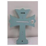Blessed Cross Wall Hanging - Blue Wood Decor with White Scrollwork 16"