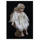 Porcelain Bisque Doll in Ivory Lace Dress with Floral Crown & Wicker Basket Chair 19"tall