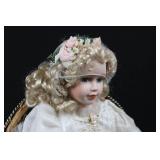 Porcelain Bisque Doll in Ivory Lace Dress with Floral Crown & Wicker Basket Chair 19"tall