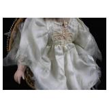 Porcelain Bisque Doll in Ivory Lace Dress with Floral Crown & Wicker Basket Chair 19"tall