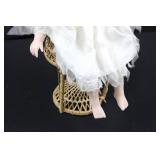 Porcelain Bisque Doll in Ivory Lace Dress with Floral Crown & Wicker Basket Chair 19"tall