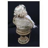 Porcelain Bisque Doll in Ivory Lace Dress with Floral Crown & Wicker Basket Chair 19"tall