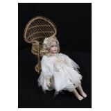 Porcelain Bisque Doll in Ivory Lace Dress with Floral Crown & Wicker Basket Chair 19"tall