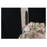 Porcelain Bisque Doll in Ivory Lace Dress with Floral Crown & Wicker Basket Chair 19"tall